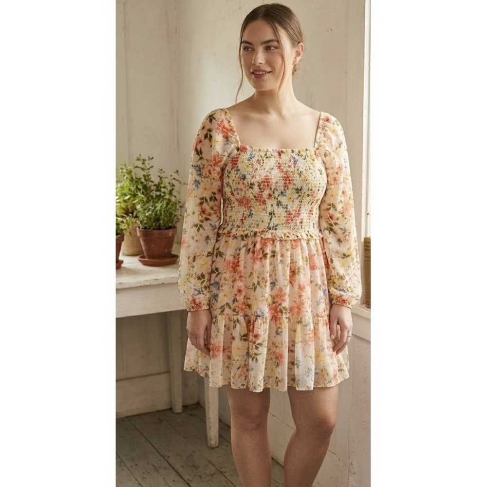 1.STATE Mini Dress Large Floral Smocked Square Neck Tiered Ruffle Long Sleeve